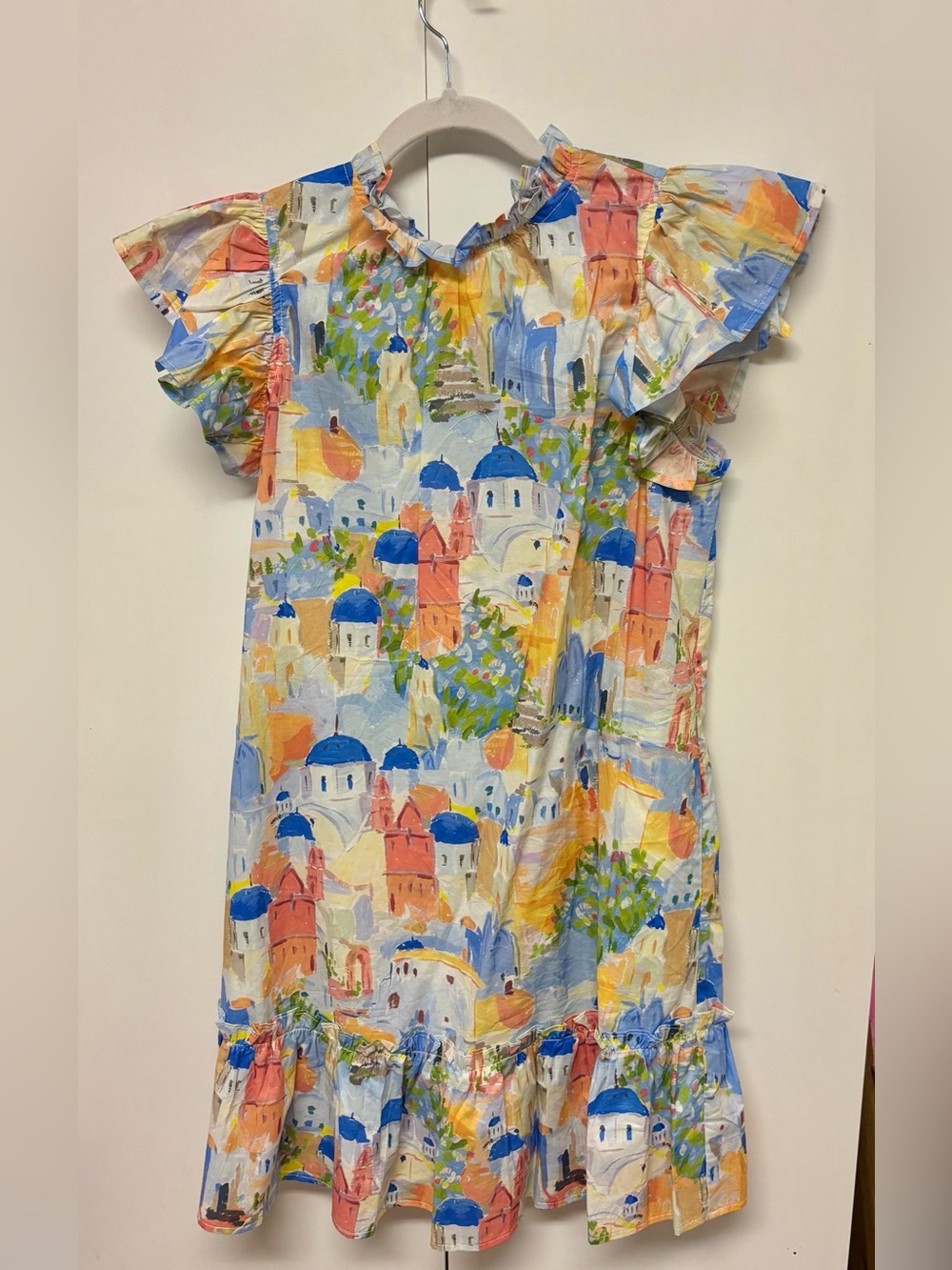 Pinch White Multi-Color Scenic Print Ruffle Hem Dress